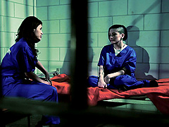 Pretty lesbian with long dark hair getting his pussy licked and fingered