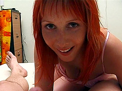 Redhead slut Candy M teases with her saggy tits and gives a BJ