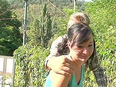 Small-titted honey Vanessa riding a stiff boner on the grass