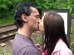 Outdoor threesome fucking with two guys and stunning Lucie