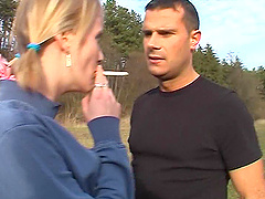 Outdoor pussy poking in the local woods with cum in mouth for Katerina