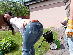 Beautiful chic gets hammered doggystyle by her groundsman outdoors