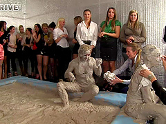 Dirty mud pit fighting with glamour pornstars Jenna and Sheila Coope
