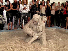 Dirty mud pit fighting with glamour pornstars Jenna and Sheila Coope