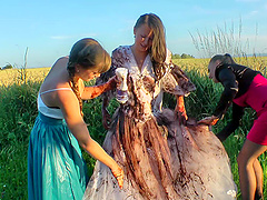 Dirty glamour sluts playing with foor after a wedding day
