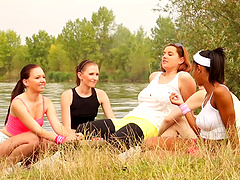 Wild outdoor orgy by the lake with redhead chick Isabella Chrystin