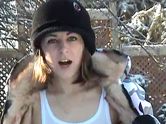 Dainty brunette sex doll loves playing in the snow