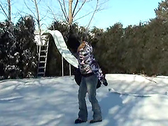 Dainty brunette sex doll loves playing in the snow