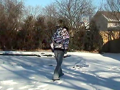 Dainty brunette sex doll loves playing in the snow