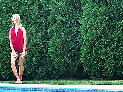 Showing some side boob and cock teasing in a red outfit