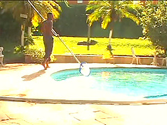 Her black pool guy cleans the pool then fucks her white pussy