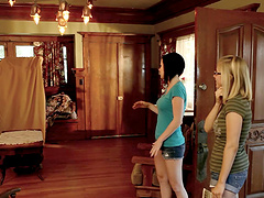 Sexy best friends kiss then rub their clits together