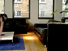 Elegant brunette maid gets her asshole drilled after masturbating with toys