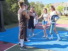 Luscious amateur cowgirls get bonked outdoors after a game at the court