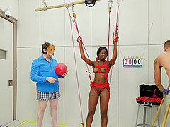 Bondage fetish ebony pornstar gets screwed doggy style by white chap