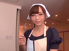 Japanese housewife in glasses gets humped hardcore in the kitchen