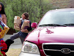 Brunette Nikki Daniels dashing home then smashed by her daughters boyfriend hardcore