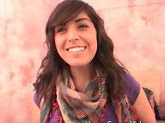 Busty brunette girl gets talked into choking on a fat cock