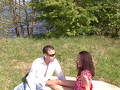 Oral sex and outdoor banging with a brunette with glasses