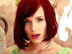 Skinny redhead Leila Smith smokes and strips to play with her cunt