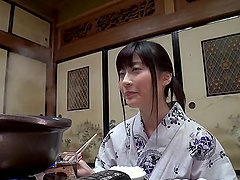 Japanese cutie in a lovely kimono climbs on a cock and rides it