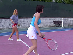 Busty teen and her tennis instructor have lesbian sex on court