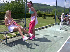 Cute girls abandon their doubles match for tennis court lesbian sex