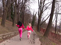 Dazzling dolls make out after jogging together as they gather the balls to do it