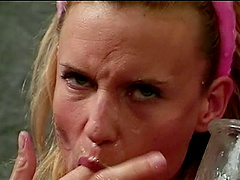 Lovely babe masturbates before getting facial bukkake in this POV scene