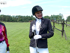 Naughty lesbian babes show off their nice asses outdoors