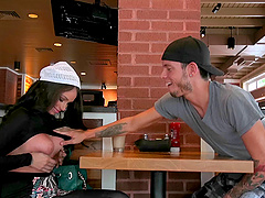 Sexy brunette pornstar in stockings rides a stiff cock cowgirl pose after giving a blowjob