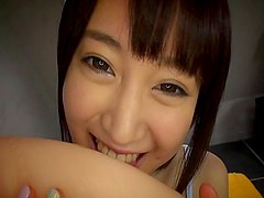 Cute Japanese chick Towa Aragaki drops on her knees to make him hard