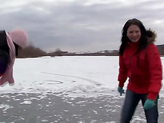 Girls warm up after playing in the snow by eating pussy