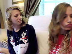 Girls in cute Christmas sweaters fucking in a foursome