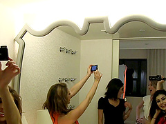 Saucy hot sluts enjoy sharing a throbbing meat pole