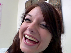 Joyful girl opens wide and gives a beautiful blowjob