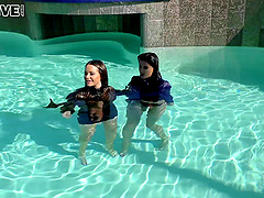 Rachele Richey and Coco de Mal having lesbo sex in the pool