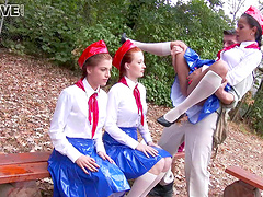 Steady cock powers through three adorable babes in an outdoors shoot