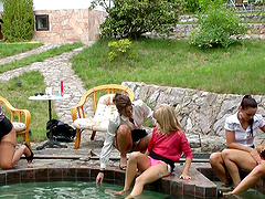 Bella Baby in miniskirt pleasured hardcore in alluring pool party sex