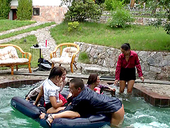 Bella Baby in miniskirt pleasured hardcore in alluring pool party sex