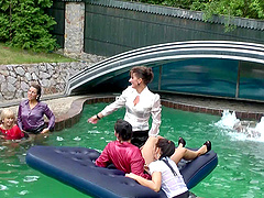 Bella Baby in miniskirt pleasured hardcore in alluring pool party sex