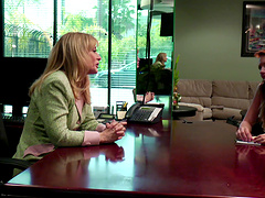 Nina Harley in bra having her pussy licked in office lesbians porn