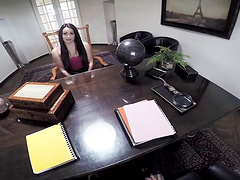 Teen sits on his desk with legs spread for hard dick