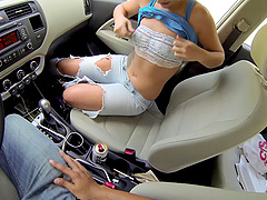 Slutty girl gets out of the car and blows him in public