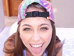 Cute baseball cap on a babe sucking a load out of his cock