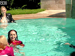 Fancy lesbian babes gather around for a steamy lesbian romance at the pool