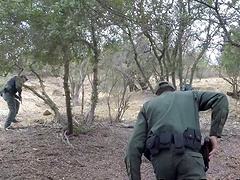 Skinny Latina in the woods fucking a man in uniform
