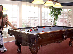 Teen on the pool table for hot sex with a naughty milf