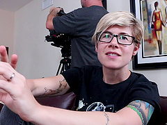 Cute girls behind the scenes before their lesbian video shoot