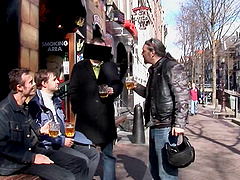 Chick with a hat is surrounded with cocks just like she loves it